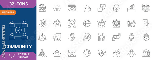 Community icon set. Containing people, friendship, social, diversity, village, relationships, support and etc. Editable stroke. Vector illustration
