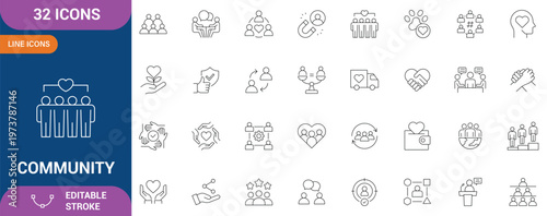 Community icon set. Containing people, friendship, social, diversity, village, relationships, support and etc. Editable stroke. Vector illustration