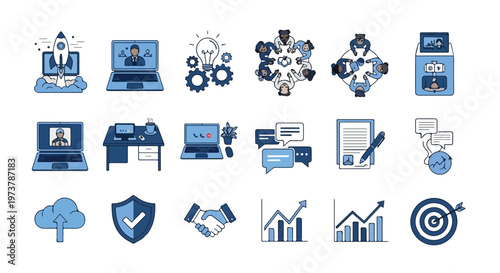 A set of eighteen business and technology icons in a blue color scheme, depicting concepts like teamwork, growth, and digital communication.