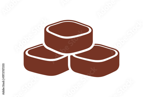 A delectable vector graphic illustration featuring three rich brown, slightly rounded square chocolate or fudge candy pieces with delicate white outlines