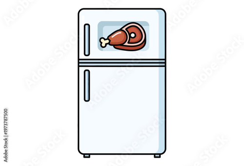 Cartoon vector graphic illustration of a modern household refrigerator with a delicious brown cooked meat piece displayed on its freezer door, featuring a simple flat design on transparent background.
