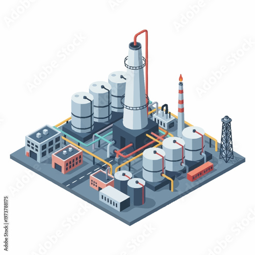 Industrial factory with smokestack and pipes.