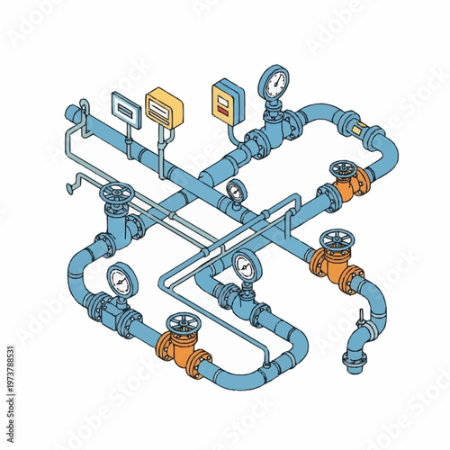 Industrial pipeline system with valves gauges.
