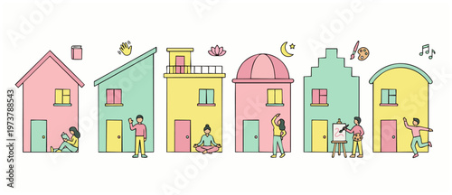 People living in colorful houses, daily life activities and hobbies, modern neighborhood concept, vector illustration of diverse residents engaging in creative and relaxing urban lifestyle community s