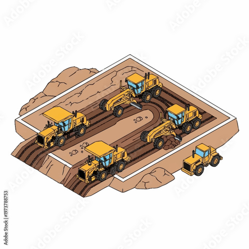 Yellow construction machines at work site.
