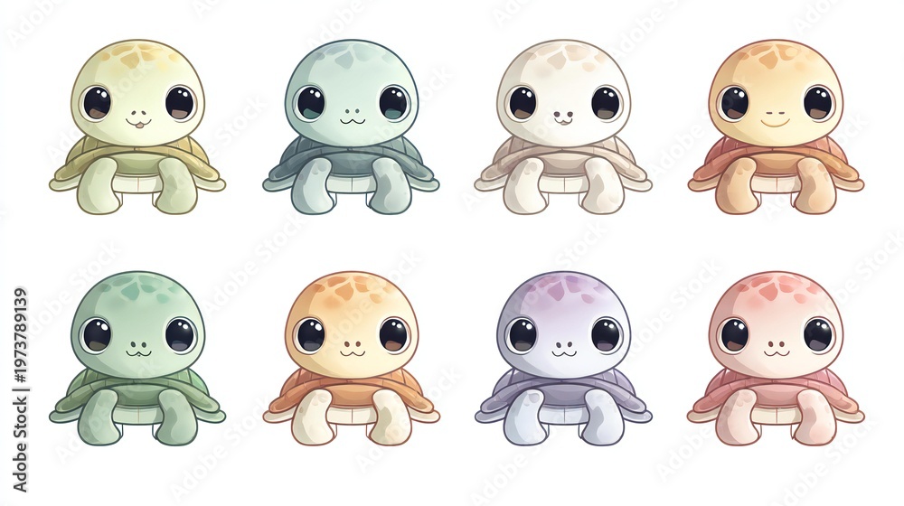 Obraz premium Set of eight colorful cartoon octopus characters in pastel colors with friendly faces and playful poses