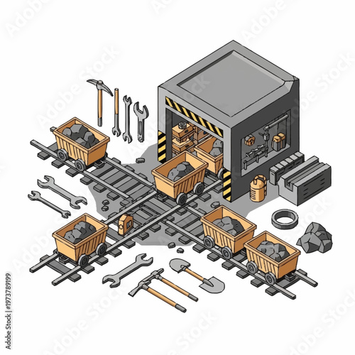 Industrial mining equipment on railway tracks.