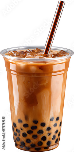 Milk Tea Boba bubble tea cup for Asian pearl drink refreshment, isolated cutout
