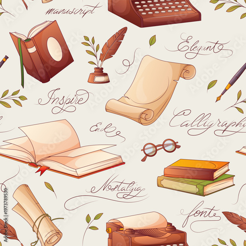 Vector seamless pattern with colorful books, old typewriter, quill, scroll isolated on white. Illustration of open book, leaves, hand written phrases. Book lover, bookstore, library, poetry concept.