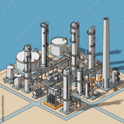 Industrial factory with large metal structures.