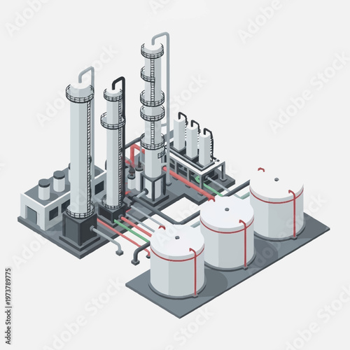 Industrial factory with smokestacks and tanks.