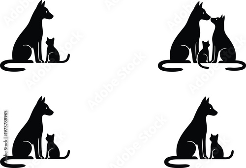 Black silhouette dogs and cats sitting together in pairs and trio, companionship, pet friendship illustration design concept