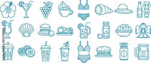 Summer food and drink icons, blue line drawings, 25 elements isolated on Transparent Background