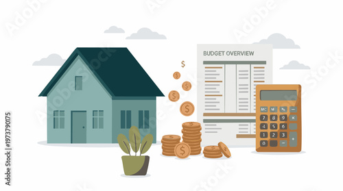 Home finance and budgeting concept with house, money, calculator, and budget document
