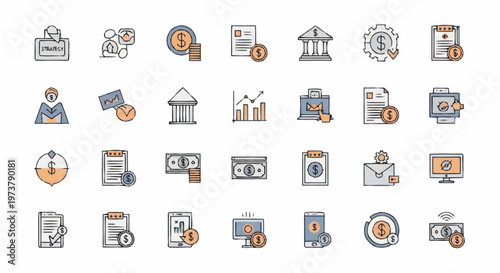 Business icons and finance symbols.