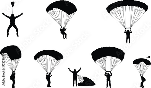Black silhouette parachutists in various stages of parachute jump including freefall, descent, landing illustration design concept