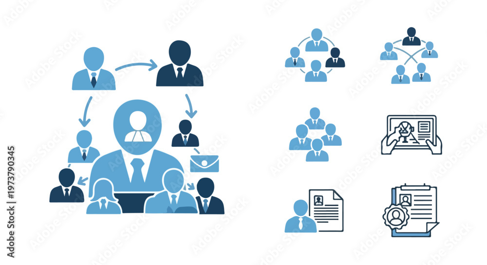 Fototapeta premium This collection features blue and navy flat vector icons representing human resources, team management, recruitment, and career profiles.