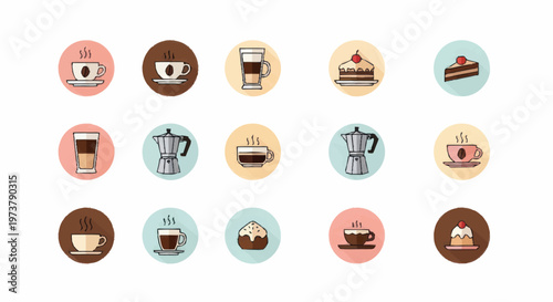 Colorful coffee and dessert icons set.