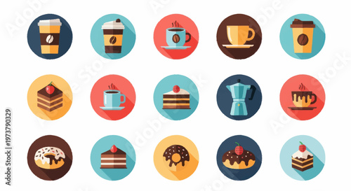 Colorful icons of coffee and desserts.