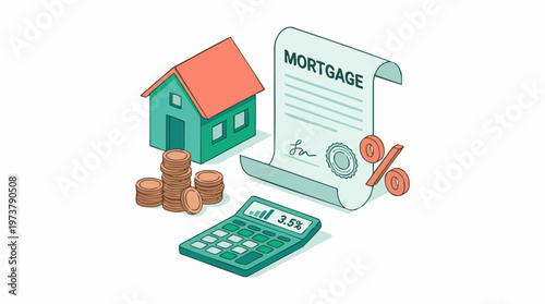 Home mortgage loan concept with house, money, and interest rate calculation