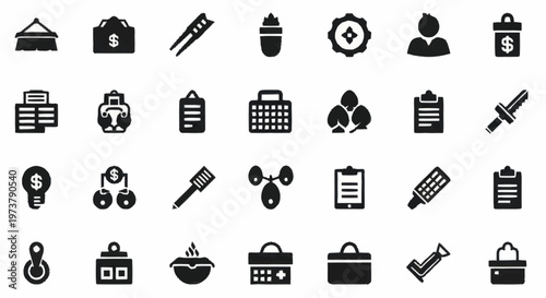 Black icons of office supplies and tools.