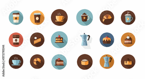 Colorful coffee and dessert icons.