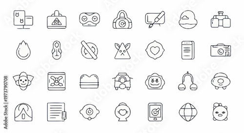 Collection of various line icons.