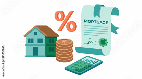 Mortgage loan concept with house, interest rate, money, and calculator