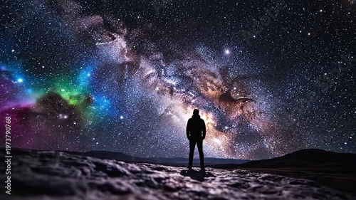 Silhouette of a person standing on a rocky ridge under a vibrant starry night sky. Colorful nebula and Milky Way galaxy over a mountain landscape. Astronomy and space exploration concept
