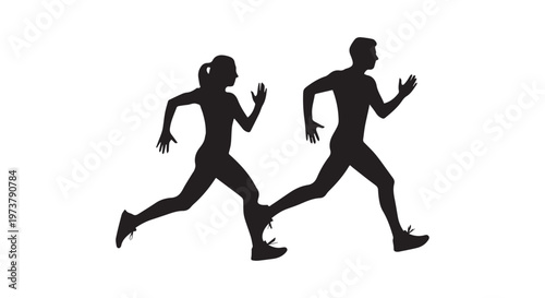 Two silhouettes running in sync, symbolizing teamwork, fitness, and shared goals in a minimalist style
