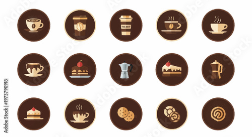 Food icons on brown background.