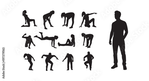 Evolution of human form from primitive to modern with tools and symbols illustrating progress