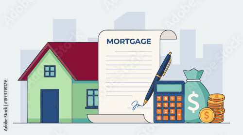 Home Mortgage Loan Concept with Property, Finance, and Calculation