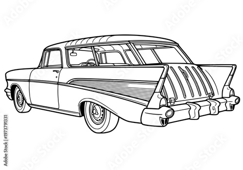 Classic vintage 1950s station wagon with tailfins line art illustration