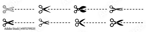 Set of scissors cutting along dotted line. Collection of black silhouette and outline scissors icons in different styles and positions. Cut here symbols for coupons, tickets, paper cutting guides. Min