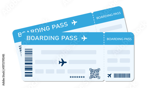 Boarding pass vector illustration. Air plane tickets template. Airline flight pass concept. Blue departure document. Blue airplane tickets design. Blank boarding pass template isolated.