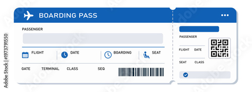 Boarding pass vector illustration. Air plane tickets template. Airline flight pass concept. Blue departure document. Blue airplane tickets design. Blank boarding pass template isolated.