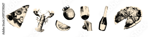 Trendy halftone art collage elements set. Italian food stickers with vintage dot texture, pizza, wine, prosecco bottle, lobster, lemon. Modern retro grunge mixed media vector illustration isolated