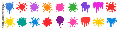 Color paint splatter. Bright colorful splashes and drips, abstract blot splatter. Ink stains for kids, comics, pop art posters and stickers, graffiti. Rainbow inkblot vector isolated set.