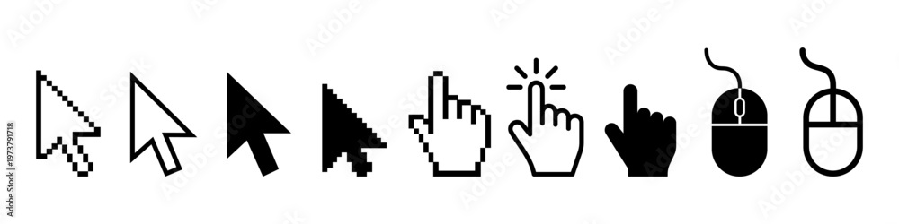 Obraz premium Mouse click cursor icon set, Cursor, click icons set. Click set vector. arrow and mouse forms, vector illustration.