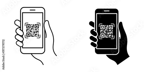 QR code icon. QR code scanning icon vector. Mobile phone scanning QR code vector. Hand holding a phone with a scanner symbol. Vector illustration.
