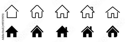 Web home icon set for websites and apps. Simple house symbol. Flat real estate sign. Main page pictogram in filled, thin line, outline and stroke style. Isolated illustration