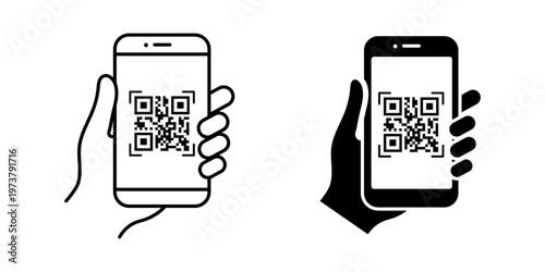 QR code icon. QR code scanning icon vector. Mobile phone scanning QR code vector. Hand holding a phone with a scanner symbol. Vector illustration.
