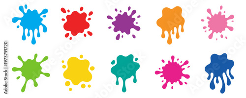 Color paint splatter. Bright colorful splashes and drips, abstract blot splatter. Ink stains for kids, comics, pop art posters and stickers, graffiti. Rainbow inkblot vector isolated set.