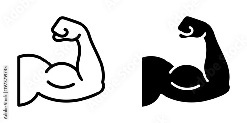 Muscle icon. Bicep symbol. Strong arm vector illustration. Gym logo. Bodybuilding fitness concept. Athlete flexing hand sign. Muscular power pictogram isolated on a white and black background