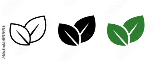 Two leaves icon. Leaf symbol. Nature organic isolated illustration. Vegetarian or vegan label. Green eco logo.