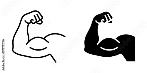 Muscle icon. Bicep symbol. Strong arm vector illustration. Gym logo. Bodybuilding fitness concept. Athlete flexing hand sign. Muscular power pictogram isolated on a white and black background