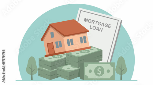 Real Estate Mortgage Loan Concept: House on Money Stacks and Document