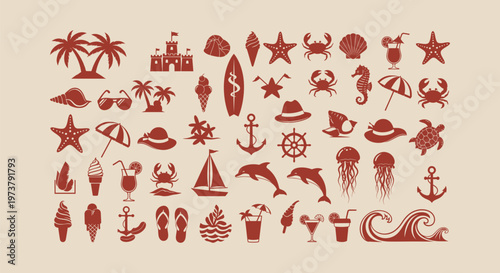 Set of vintage summer beach holiday icons including palm trees, ice cream, shells, and sea life.