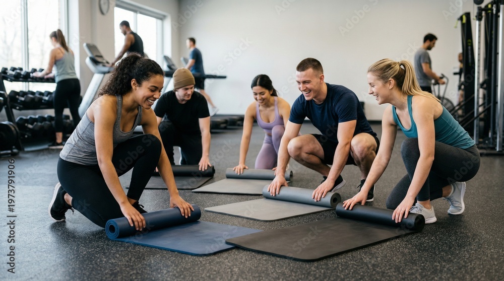 Fototapeta premium Group of friends preparing yoga mats in gym during workout session